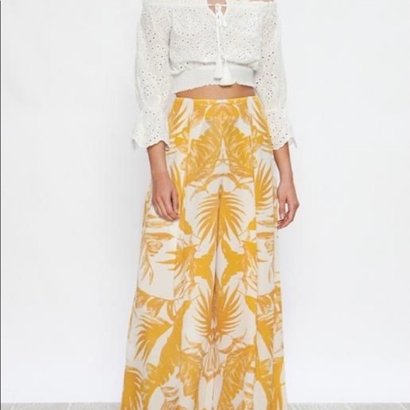 Flying Tomato Pants - Palm leaf print high waist slit leg flare wide leg beach pants, small